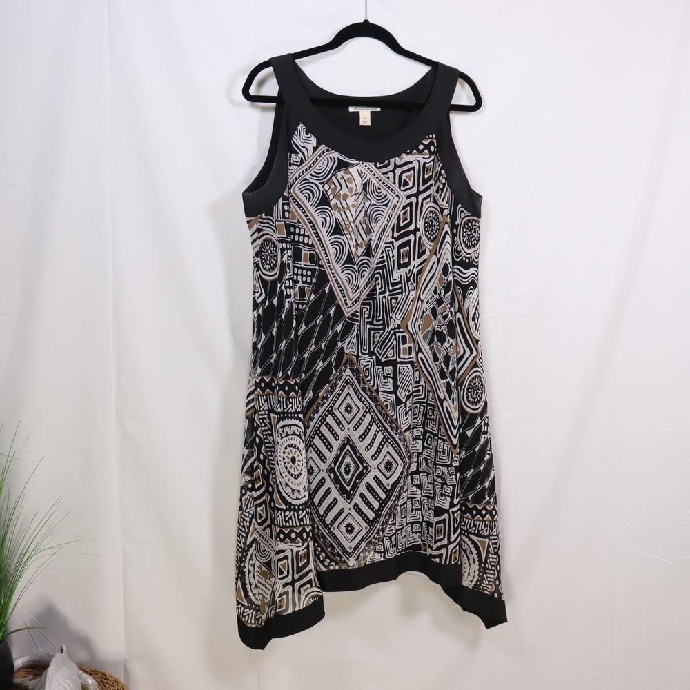 Kenneth Cole New York Dress 16W Black Geometric Tribal Sleeveless Sharkbite Hem